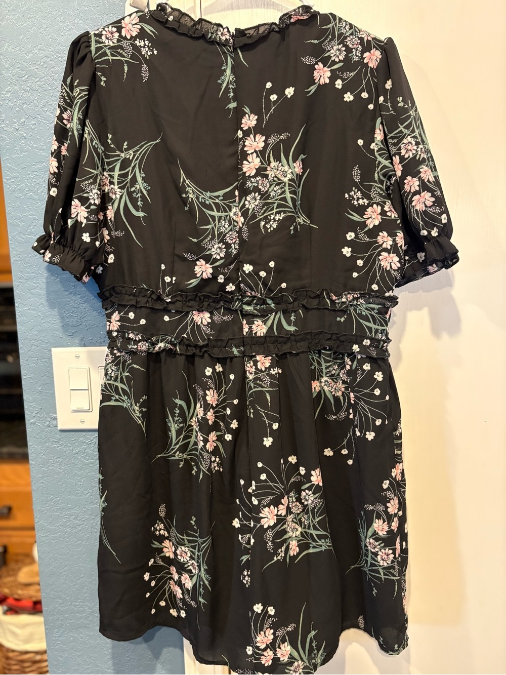 Francesca’s Mi Ami  Black Floral romper  with Pink & Green Accents - Picture 2 of 4